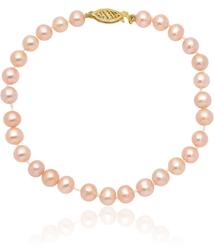 14K Solid Yellow Gold 5mm Pink Near Round Freshwater Cultured Pearl Chain Bracelet