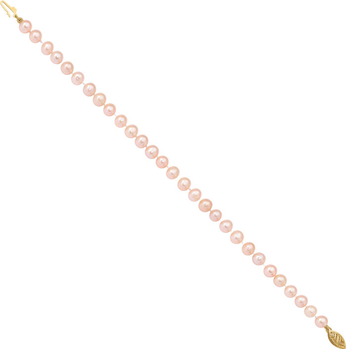 14K Solid Yellow Gold 5mm Pink Near Round Freshwater Cultured Pearl Chain Bracelet