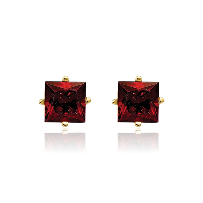 14K Solid Yellow Gold 5mm Princess-Cut Square Red Garnet Studs Gemstone Solitaire Earrings January Birthstone Jewelry