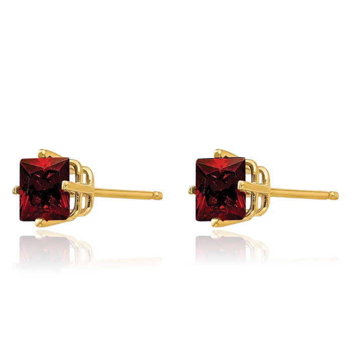 14K Solid Yellow Gold 5mm Princess-Cut Square Red Garnet Studs Gemstone Solitaire Earrings January Birthstone Jewelry