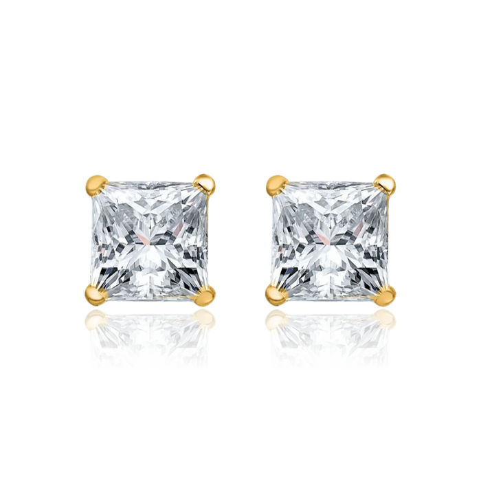 14K Solid Yellow Gold 5mm Princess-Cut Square Solitaire Moissanite Stud Earrings