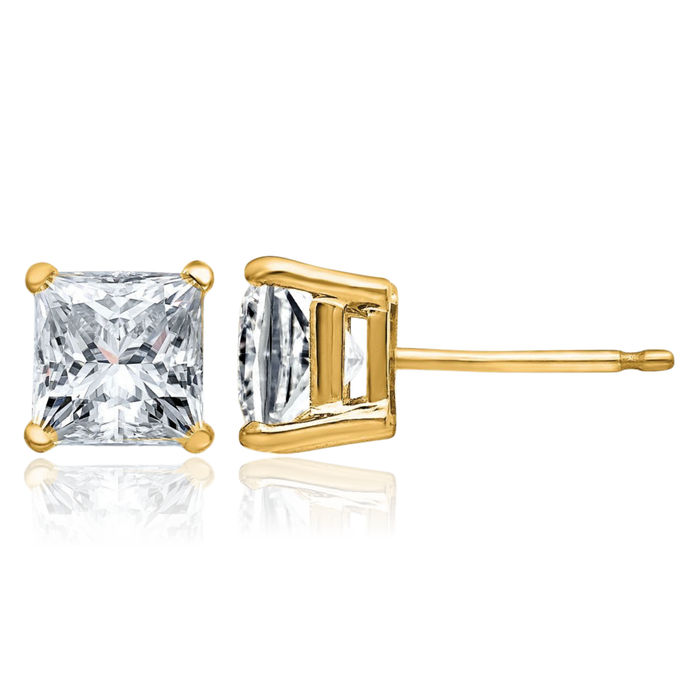 14K Solid Yellow Gold 5mm Princess-Cut Square Solitaire Moissanite Stud Earrings