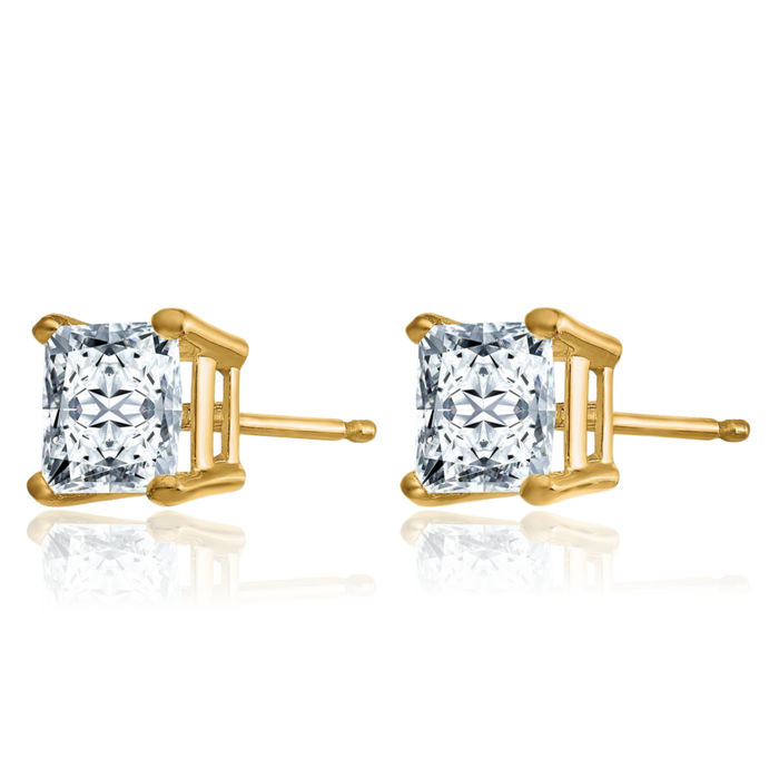 14K Solid Yellow Gold 5mm Princess-Cut Square Solitaire Moissanite Stud Earrings