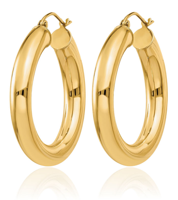 14K Solid Yellow Gold 5mm Tube Round Medium Hoop Earrings