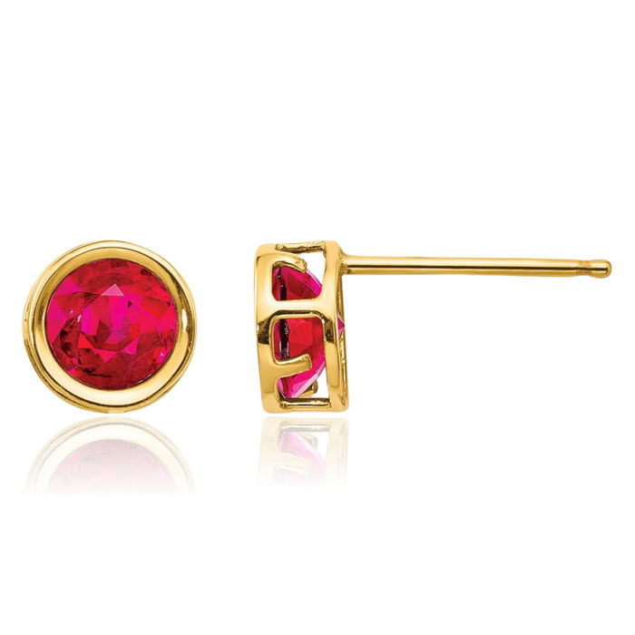 14K Solid Yellow Gold 5mm Red Ruby Studs Gemstone Solitaire Earrings July Birthstone Jewelry