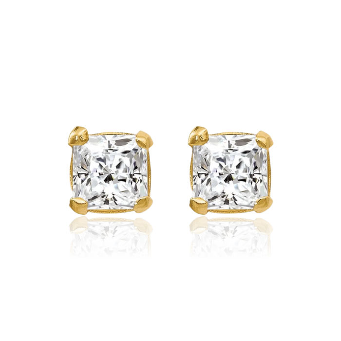 14K Solid Yellow Gold 5mm Square Cubic Zirconia CZ Stud Earrings