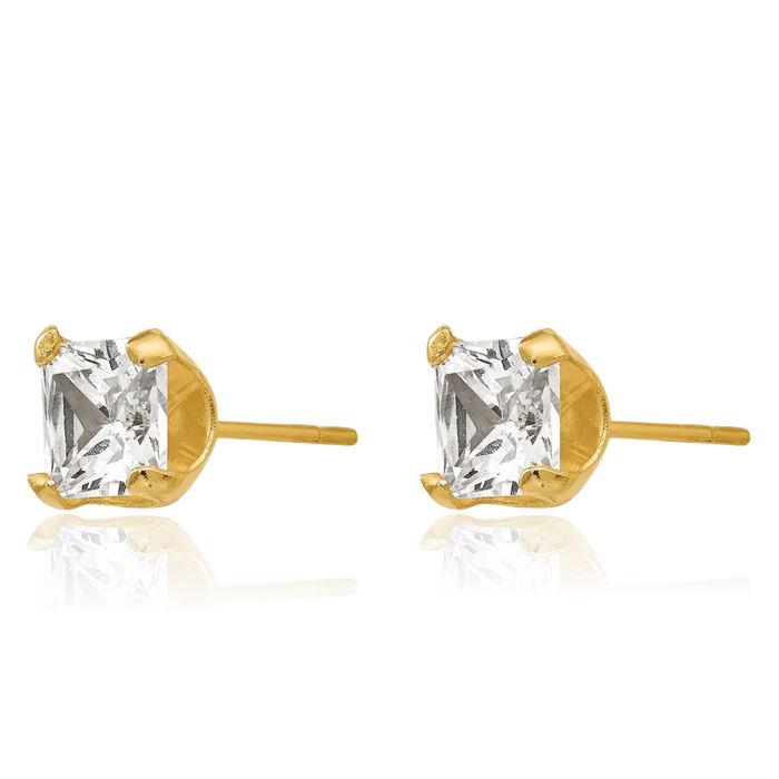 14K Solid Yellow Gold 5mm Square Cubic Zirconia CZ Stud Earrings