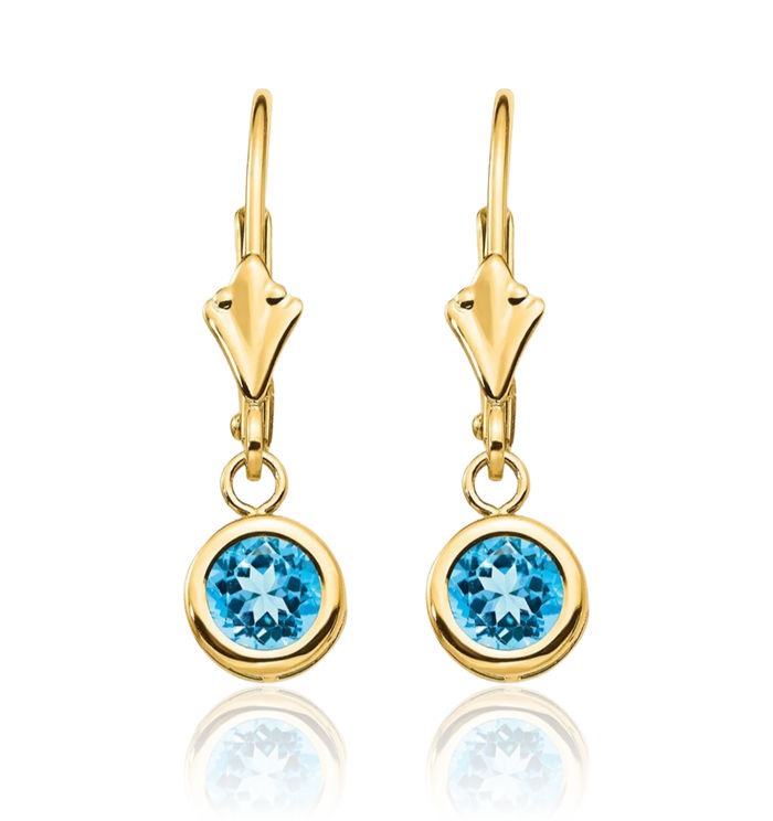 14K Solid Yellow Gold 5mm Swiss Blue Topaz Drop Dangle Earrings Gemstone December Birthstone Jewelry