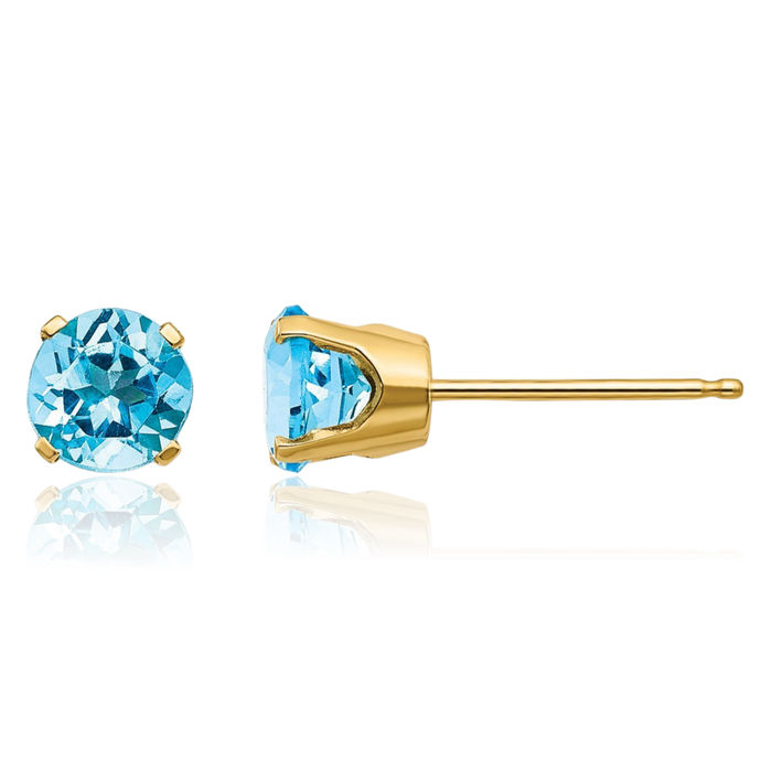 14K Solid Yellow Gold 5mm Swiss Blue Topaz Studs Gemstone Solitaire Earrings December Birthstone Jewelry