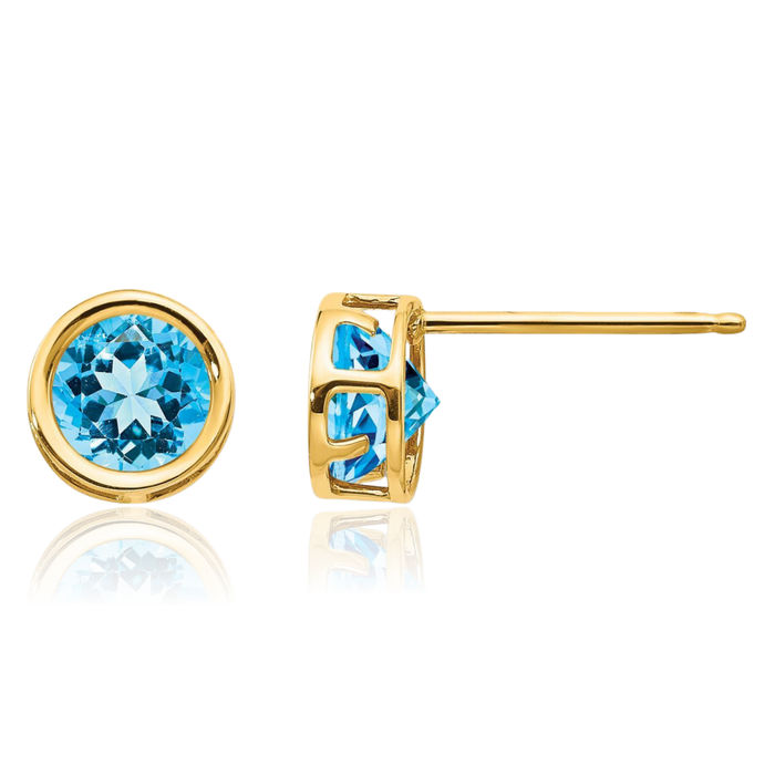 14K Solid Yellow Gold 5mm Swiss Blue Topaz Studs Gemstone Solitaire Earrings December Birthstone Jewelry