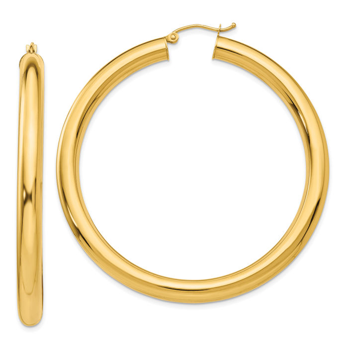 14K Solid Yellow Gold 5mm Tube Round Extra Large Hoop Earrings
