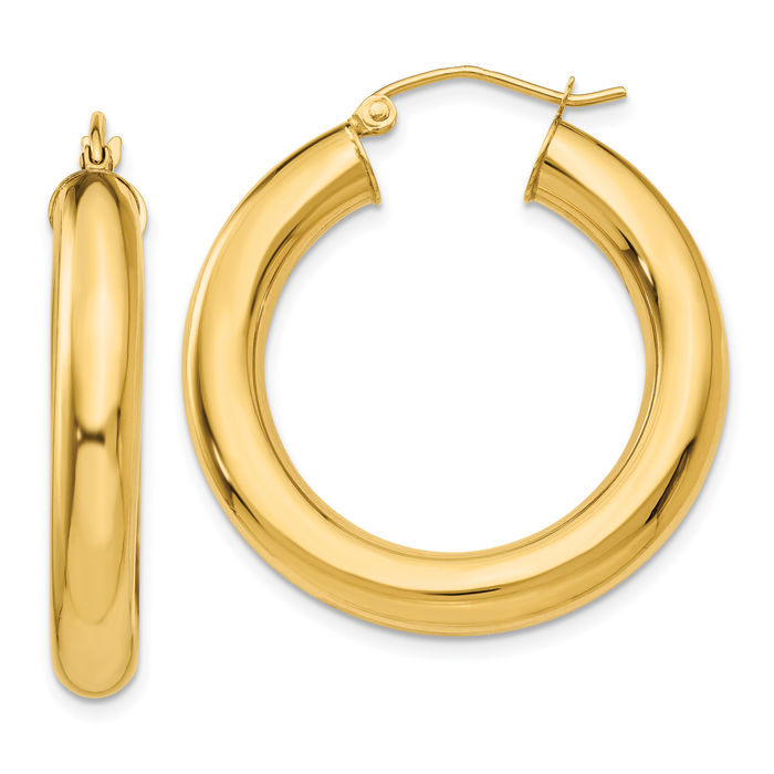 14K Solid Yellow Gold 5mm Tube Round Medium Hoop Earrings