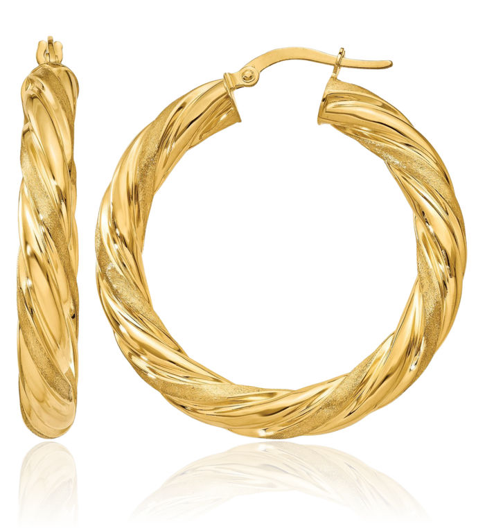 14K Solid Yellow Gold 5mm Twisted Medium Hoop Earrings