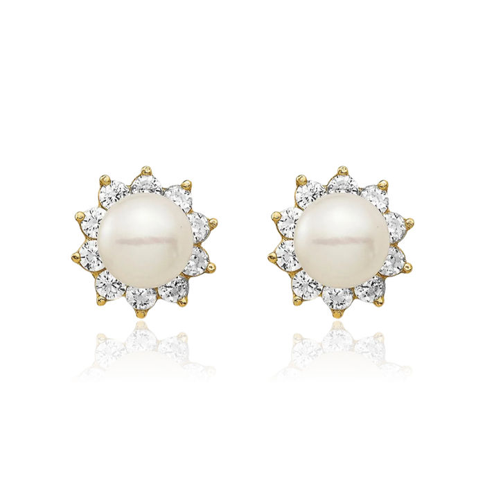 14K Solid Yellow Gold 5mm White Button Freshwater Cultured Pearl Cubic Zirconia CZ Stud Earrings Silicone Backs