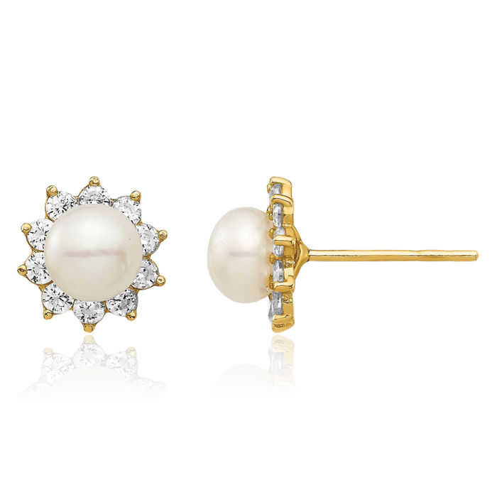 14K Solid Yellow Gold 5mm White Button Freshwater Cultured Pearl Cubic Zirconia CZ Stud Earrings Silicone Backs