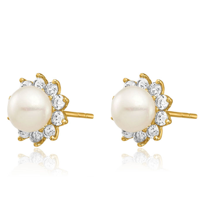 14K Solid Yellow Gold 5mm White Button Freshwater Cultured Pearl Cubic Zirconia CZ Stud Earrings Silicone Backs