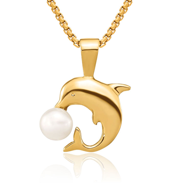 14K Solid Yellow Gold 5mm White Button Freshwater Cultured Pearl Sea Dolphin Necklace Ocean Fish Pendant Summer Beach Nautical Charm