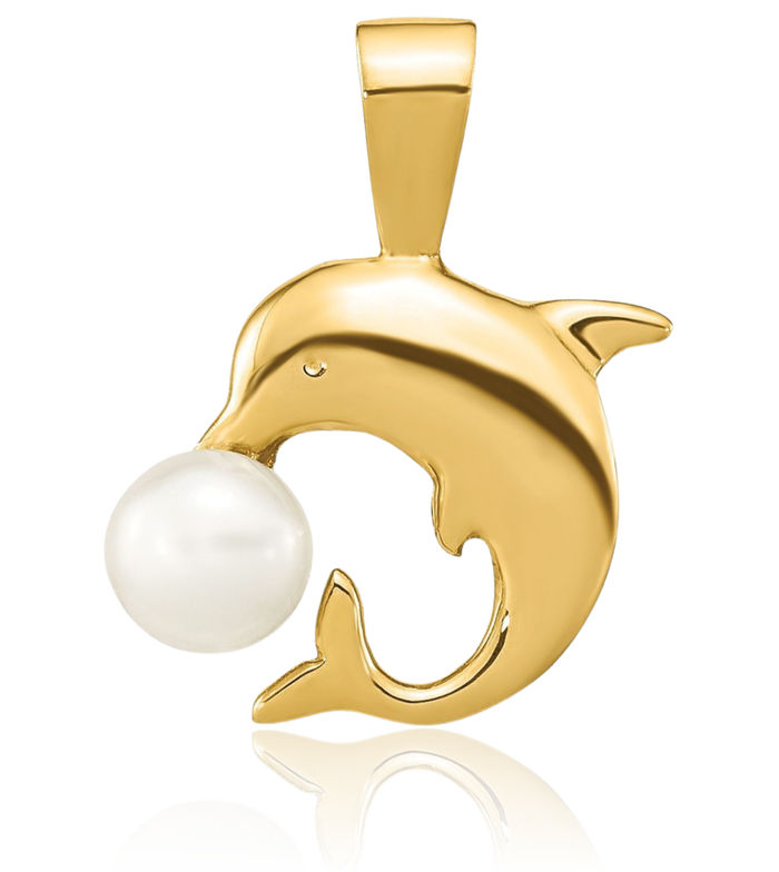 14K Solid Yellow Gold 5mm White Button Freshwater Cultured Pearl Sea Dolphin Necklace Ocean Fish Pendant Summer Beach Nautical Charm