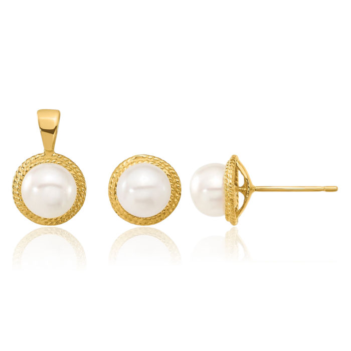 14K Solid Yellow Gold 5mm White Button Freshwater Cultured Pearl Stud Earrings Necklace Chain Pendant Charm Set