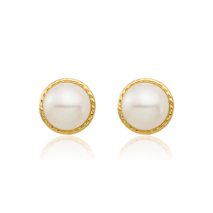 14K Solid Yellow Gold 5mm White Button Freshwater Cultured Pearl Stud Earrings Silicone Backs