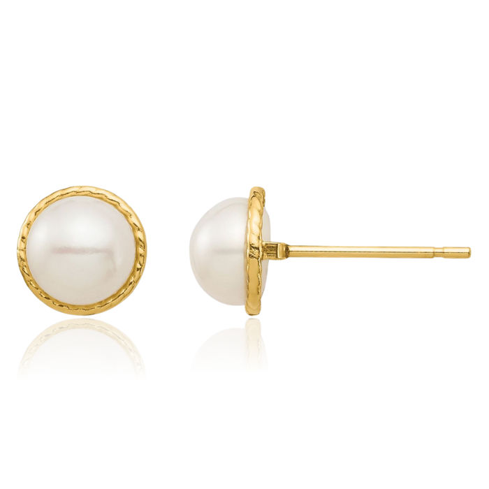 14K Solid Yellow Gold 5mm White Button Freshwater Cultured Pearl Stud Earrings Silicone Backs