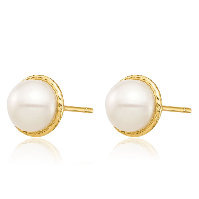 14K Solid Yellow Gold 5mm White Button Freshwater Cultured Pearl Stud Earrings Silicone Backs