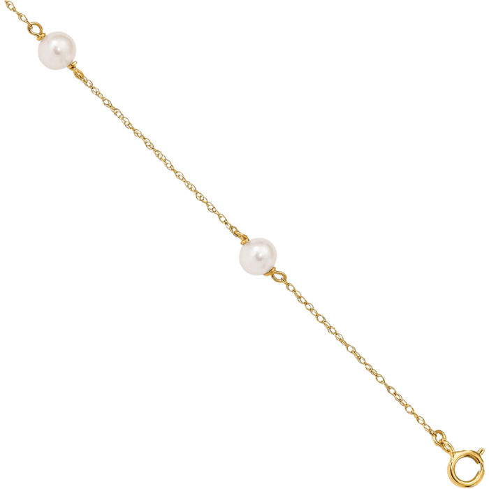 14K Solid Yellow Gold 5mm White Near Round Freshwater Cultured Pearl 3 Station Chain Bracelet