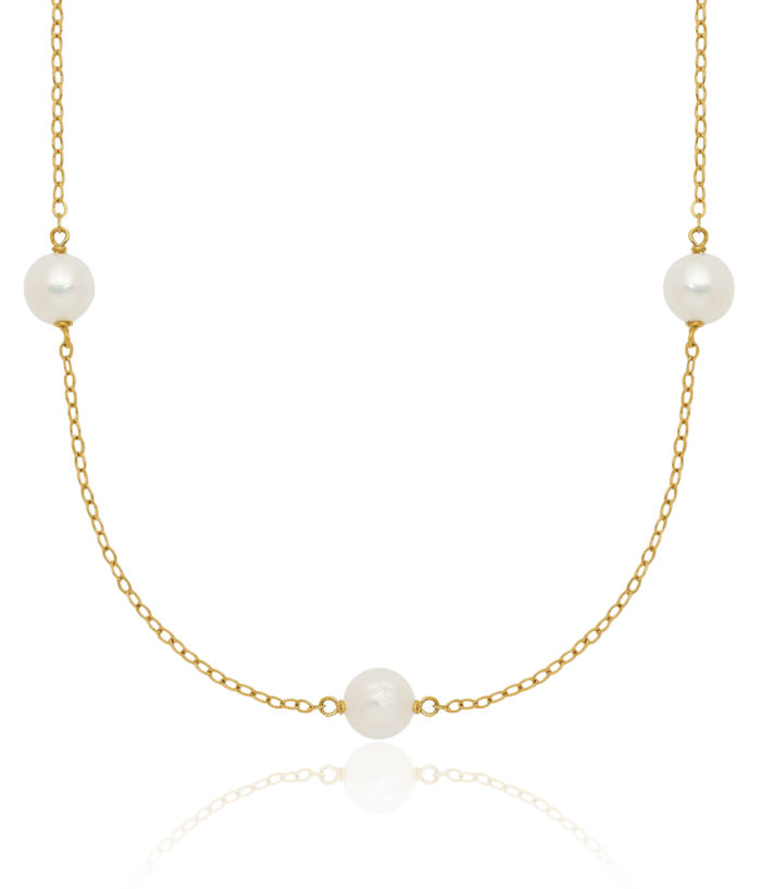 14K Solid Yellow Gold 5mm White Near Round Freshwater Cultured Pearl 7 Station Necklace Chain