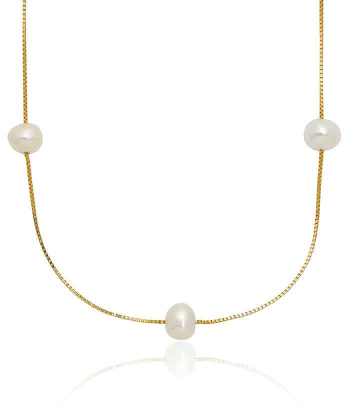 14K Solid Yellow Gold 5mm White Near Round Freshwater Cultured Pearl 9 Station Necklace Chain