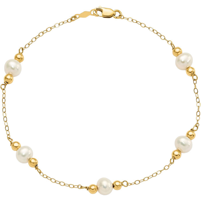 14K Solid Yellow Gold 5mm White Near Round Freshwater Cultured Pearl Beaded Ball 5 Station Chain Bracelet