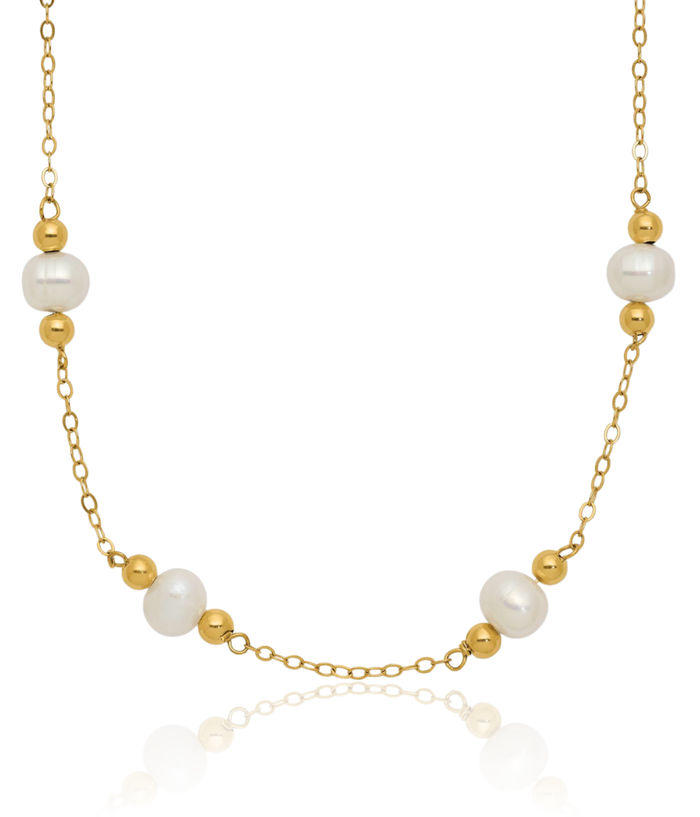 14K Solid Yellow Gold 5mm White Near Round Freshwater Cultured Pearl Beaded 12 Station Necklace Chain