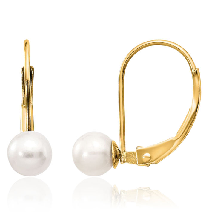14K Solid Yellow Gold 5mm White Round Freshwater Cultured Pearl Drop Dangle Earrings Gemstone