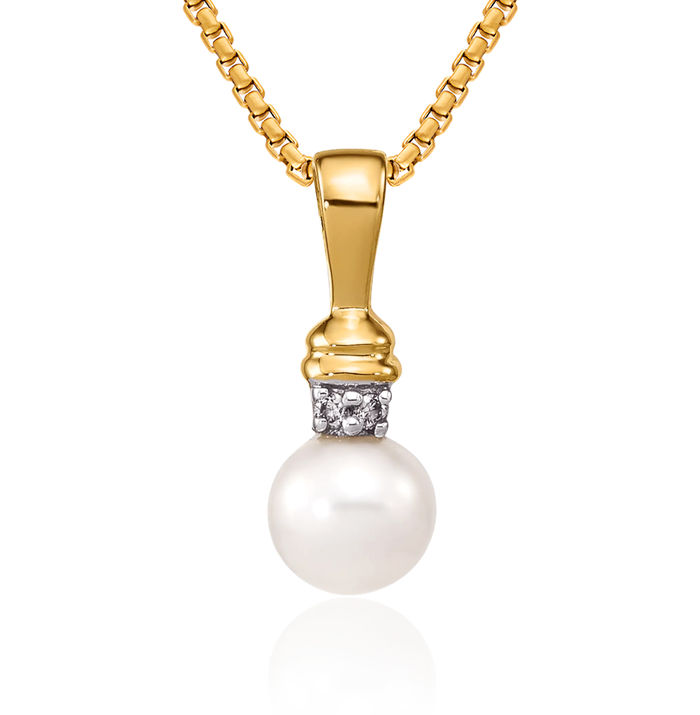 14K Solid Yellow Gold 5mm White Round Freshwater Cultured Pearl Diamond Necklace Chain Pendant Charm