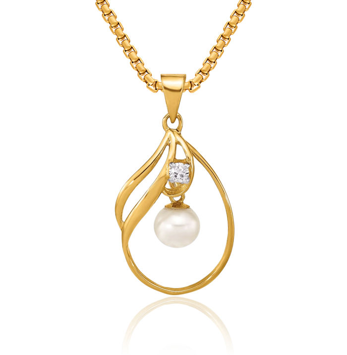 14K Solid Yellow Gold 5mm White Round Freshwater Cultured Pearl Diamond Necklace Chain Pendant Charm