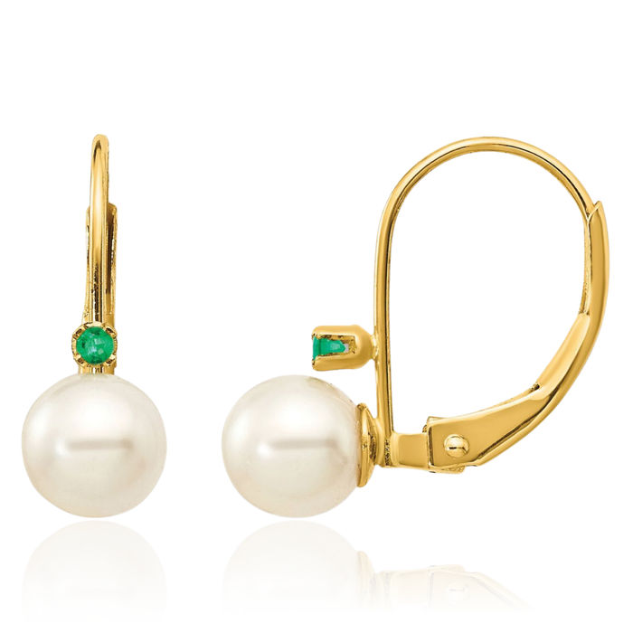 14K Solid Yellow Gold 5mm White Round Freshwater Cultured Pearl Green Emerald Drop Dangle Earrings