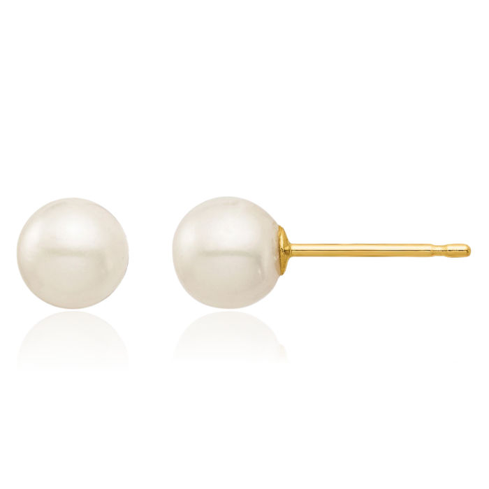 14K Solid Yellow Gold 5mm White Round Freshwater Cultured Pearl Stud Earrings Silicone Backs