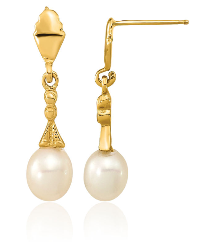 14K Solid Yellow Gold 5mm White Teardrop Freshwater Cultured Pearl Post Drop Dangle Earrings