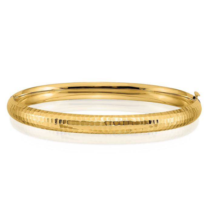 14K Solid Yellow Gold Hammered Hinged Bangle Bracelet