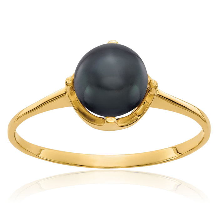 14K Solid Yellow Gold 6.5mm Black Freshwater Cultured Pearl Statement Ring