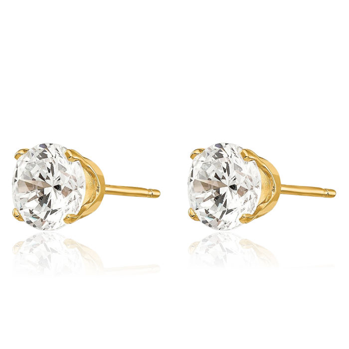 14K Solid Yellow Gold 6.5mm Cubic Zirconia CZ Stud Earrings