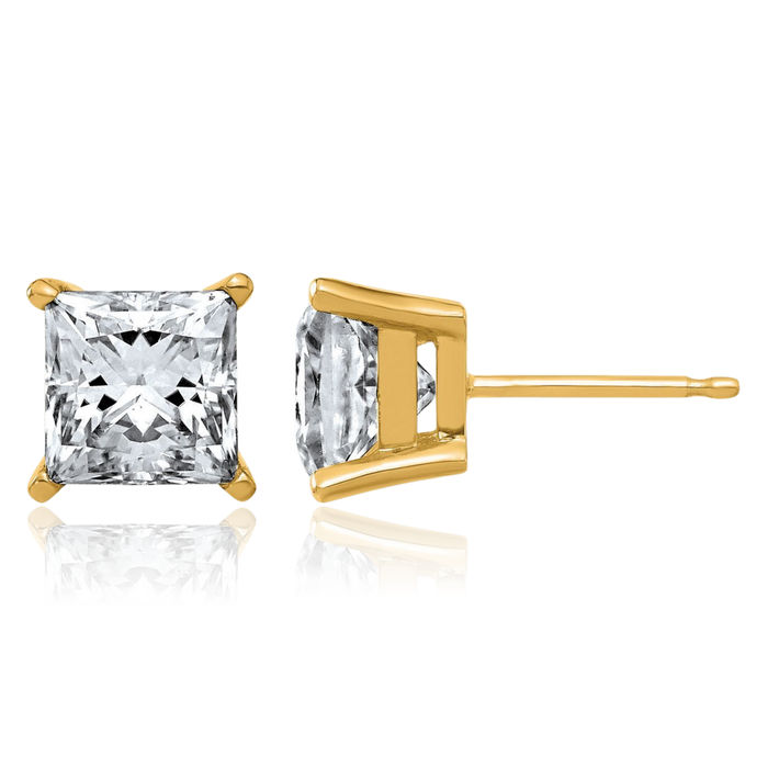 14K Solid Yellow Gold 6.5mm Princess-Cut Square Solitaire Moissanite Stud Earrings