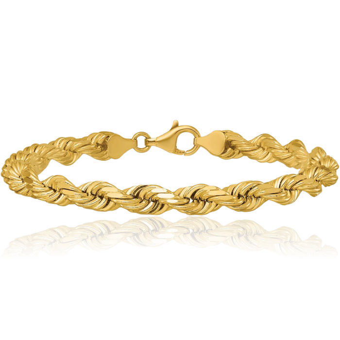 14K Solid Yellow Gold 6.5mm Rope Chain Bracelet