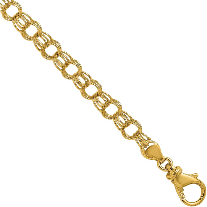 14K Solid Yellow Gold 6.5mm Triple Link Charm Bracelet