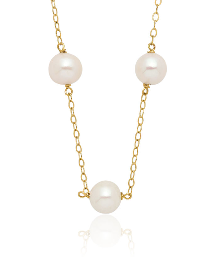 14K Solid Yellow Gold 6.5mm White Near Round Freshwater Cultured Pearl 12 Station Necklace Chain