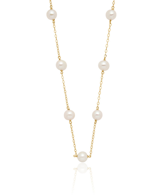 14K Solid Yellow Gold 6.5mm White Near Round Freshwater Cultured Pearl 12 Station Necklace Chain