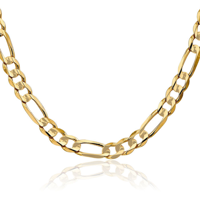 14K Solid Yellow Gold 6.75mm Concave Figaro Link Chain Necklace