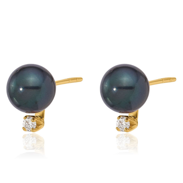 14K Solid Yellow Gold 6mm Black Round Akoya Saltwater Cultured Pearl Diamond Stud Earrings