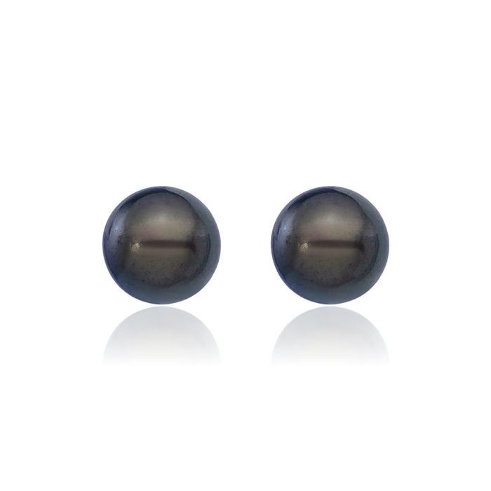 14K Solid Yellow Gold 6mm Black Round Akoya Saltwater Cultured Pearl Stud Earrings