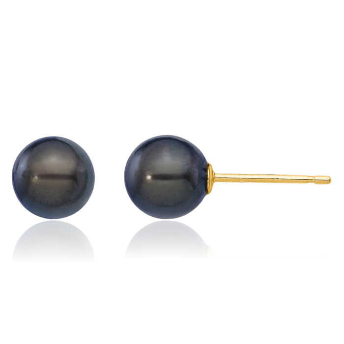 14K Solid Yellow Gold 6mm Black Round Akoya Saltwater Cultured Pearl Stud Earrings