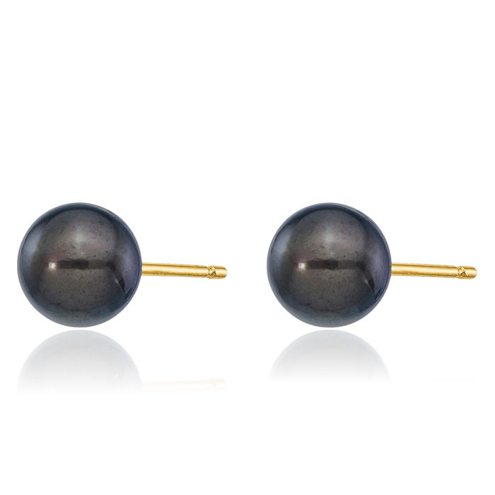 14K Solid Yellow Gold 6mm Black Round Akoya Saltwater Cultured Pearl Stud Earrings